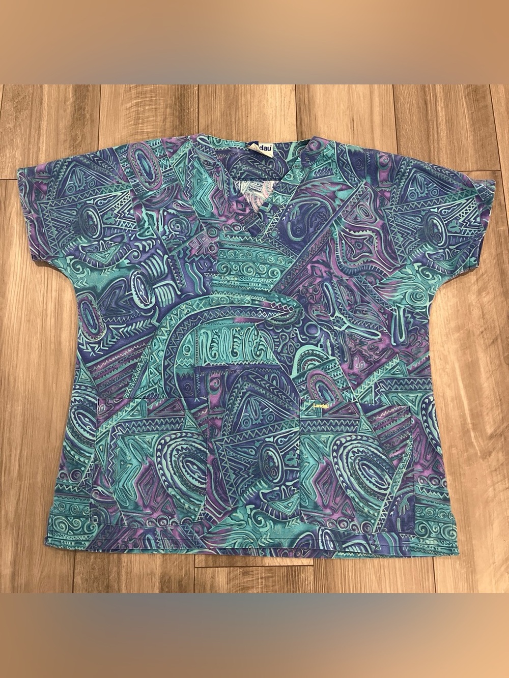 Landau Abstract V-Neck Scrub Top in Teal & Purple